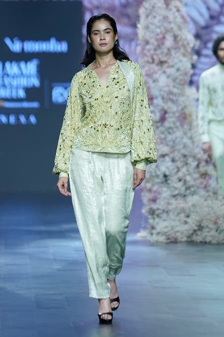 Nirmooha_Green Georgette, Organza Beads, Chic Matcha Hand Top With Cigarette Pant _Online_at_Aza_Fashions