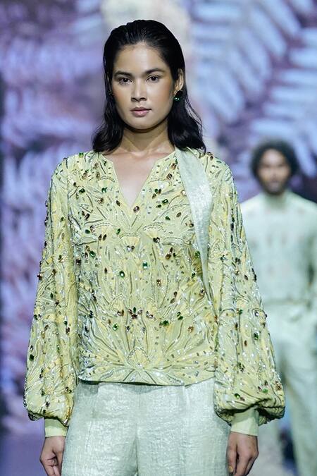 Buy Nirmooha Green Georgette, Organza Beads, Chic Matcha Hand Top With Cigarette Pant Online at Aza Fashions Buy_Nirmooha_Green Georgette, Organza Beads, Chic Matcha Hand Top With Cigarette Pant _Online_at_Aza_Fashions