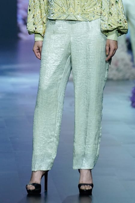 Shop Nirmooha Green Georgette, Organza Beads, Chic Matcha Hand Top With Cigarette Pant Online at Aza Fashions Shop_Nirmooha_Green Georgette, Organza Beads, Chic Matcha Hand Top With Cigarette Pant _Online_at_Aza_Fashions