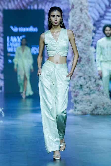 Nirmooha Shimmer Cropped Vest With Straight Pant 