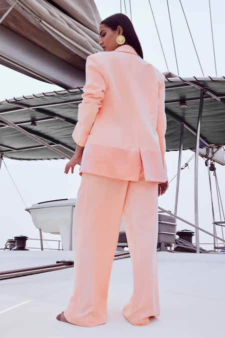 Shop Nirmooha Peach Microfiber Sweetheart Neck Solid Blazer Baggy Pant Set at Aza Fashions Shop_Nirmooha_Peach Microfiber Sweetheart Neck Solid Blazer Baggy Pant Set _at_Aza_Fashions