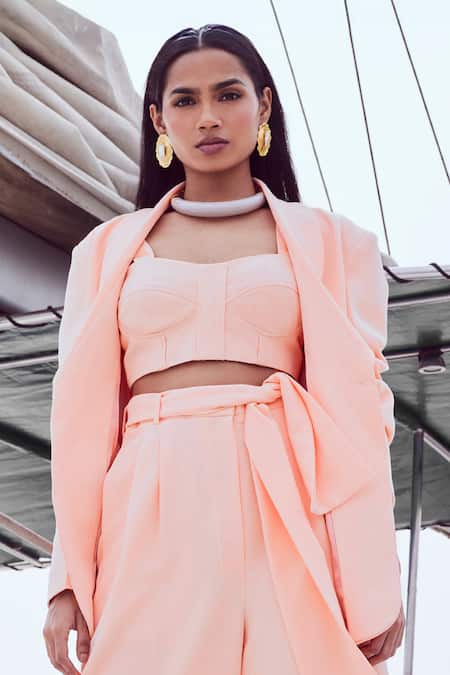 Nirmooha Peach Microfiber Sweetheart Neck Solid Blazer Baggy Pant Set Online at Aza Fashions Nirmooha_Peach Microfiber Sweetheart Neck Solid Blazer Baggy Pant Set _Online_at_Aza_Fashions