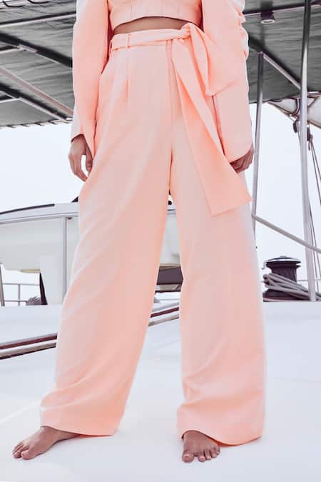 Buy Nirmooha Peach Microfiber Sweetheart Neck Solid Blazer Baggy Pant Set Online at Aza Fashions Buy_Nirmooha_Peach Microfiber Sweetheart Neck Solid Blazer Baggy Pant Set _Online_at_Aza_Fashions