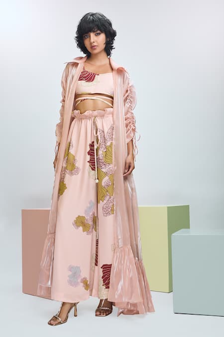 Nirmooha Peach Modal Satin Printed Big Leaf Coat Collared Pant Set With Overcoat 