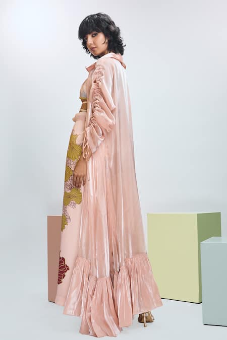 Nirmooha Big Leaf Print Pant Set With Overcoat 