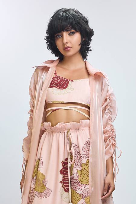 Nirmooha Peach Modal, Satin, Organza Embroidery Big Leaf Print Pant Set With Overcoat Online at Aza Fashions Nirmooha_Peach Modal, Satin, Organza Embroidery Big Leaf Print Pant Set With Overcoat _Online_at_Aza_Fashions