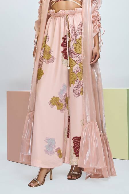 Buy Nirmooha Peach Modal, Satin, Organza Embroidery Big Leaf Print Pant Set With Overcoat Online at Aza Fashions Buy_Nirmooha_Peach Modal, Satin, Organza Embroidery Big Leaf Print Pant Set With Overcoat _Online_at_Aza_Fashions