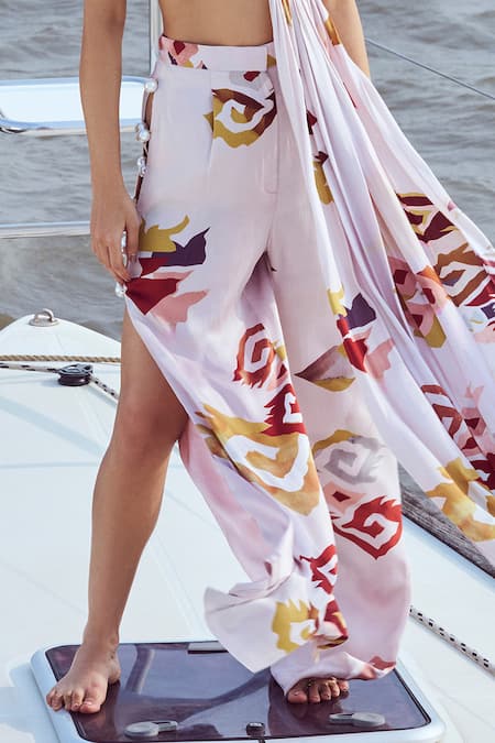 Buy Nirmooha Peach Modal, Satin Pearls Plunge Neck Patola Printed Top With Slit Pant Online at Aza Fashions Buy_Nirmooha_Peach Modal, Satin Pearls Plunge Neck Patola Printed Top With Slit Pant _Online_at_Aza_Fashions