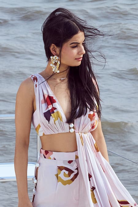 Shop Nirmooha Peach Modal, Satin Pearls Plunge Neck Patola Printed Top With Slit Pant Online at Aza Fashions Shop_Nirmooha_Peach Modal, Satin Pearls Plunge Neck Patola Printed Top With Slit Pant _Online_at_Aza_Fashions