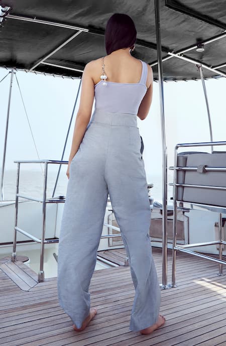 Shop Nirmooha Grey Modal, Linen, Lycra Pearls, Chains, Solid Body Suit With High Waist Pant at Aza Fashions Shop_Nirmooha_Grey Modal, Linen, Lycra Pearls, Chains, Solid Body Suit With High Waist Pant _at_Aza_Fashions