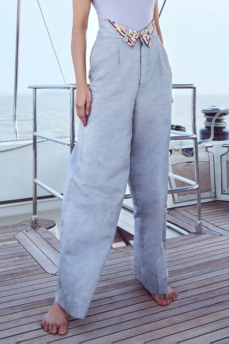Buy Nirmooha Grey Modal, Linen, Lycra Pearls, Chains, Solid Body Suit With High Waist Pant Online at Aza Fashions Buy_Nirmooha_Grey Modal, Linen, Lycra Pearls, Chains, Solid Body Suit With High Waist Pant _Online_at_Aza_Fashions
