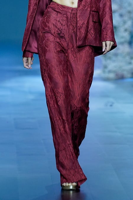 Nirmooha Maroon Chiffon Embroidery, Cut Work Sweetheart Floral Lace Blazer With Pant Set Online at Aza Fashions Nirmooha_Maroon Chiffon Embroidery, Cut Work Sweetheart Floral Lace Blazer With Pant Set _Online_at_Aza_Fashions