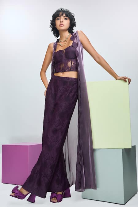 Nirmooha Purple Chantilly Bustier Sweetheart Pant Set With Shrug 