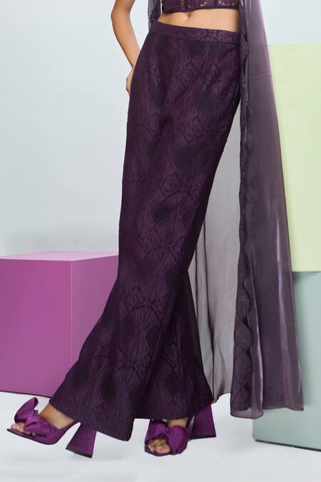 Buy Nirmooha Purple Organza, Lace, Chanderi Silk, Chiffon Chantilley Pant Set With Shrug Online at Aza Fashions Buy_Nirmooha_Purple Organza, Lace, Chanderi Silk, Chiffon Chantilley Pant Set With Shrug _Online_at_Aza_Fashions