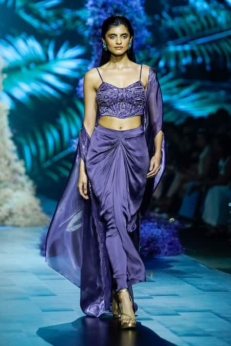 Nirmooha Purple Organza Embroidered Abstract Bustier Sweetheart Skirt Set 