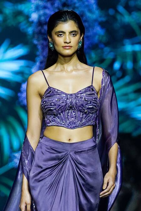 Nirmooha Purple Modal, Organza, Satin Embroidery Sweetheart Abstract Bustier Skirt Set Online at Aza Fashions Nirmooha_Purple Modal, Organza, Satin Embroidery Sweetheart Abstract Bustier Skirt Set _Online_at_Aza_Fashions