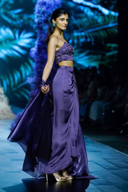 Shop_Nirmooha_Purple Modal, Organza, Satin Embroidery Sweetheart Abstract Bustier Skirt Set _Online_at_Aza_Fashions