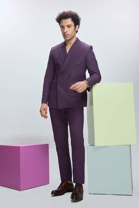 Nirmooha Purple Linen Solid Double Breasted Blazer With Pant 