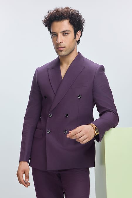Shop_Nirmooha_Purple Linen Solid Double Breasted Blazer With Pant _Online_at_Aza_Fashions