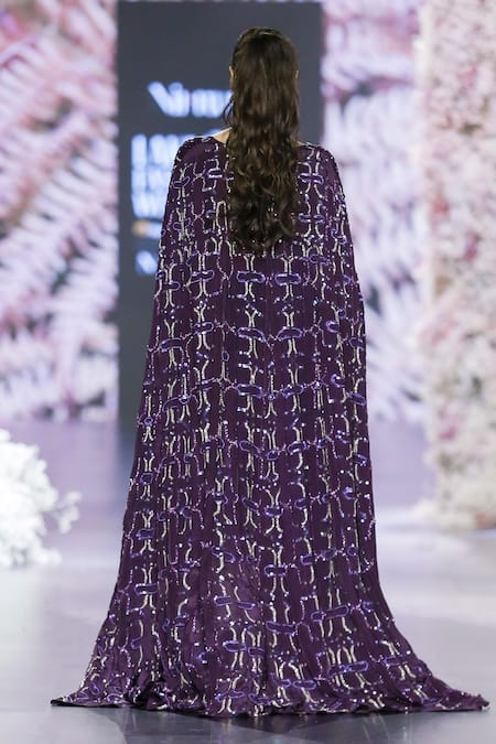 Shop_Nirmooha_Purple Crepe Sequins, Beads Geometric Hand Embroidered Pant Set With Cape _at_Aza_Fashions