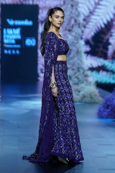 Nirmooha_Purple Crepe Sequins, Beads Geometric Hand Embroidered Pant Set With Cape _Online_at_Aza_Fashions