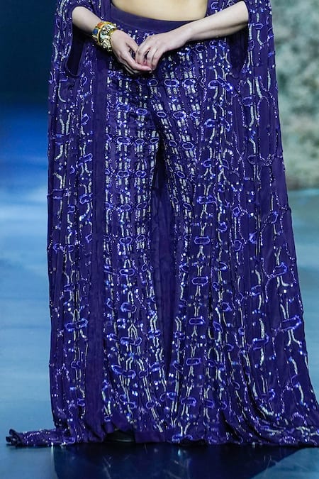 Buy_Nirmooha_Purple Crepe Sequins, Beads Geometric Hand Embroidered Pant Set With Cape _Online_at_Aza_Fashions
