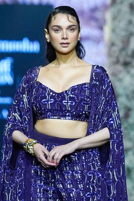 Shop_Nirmooha_Purple Crepe Sequins, Beads Geometric Hand Embroidered Pant Set With Cape _Online_at_Aza_Fashions