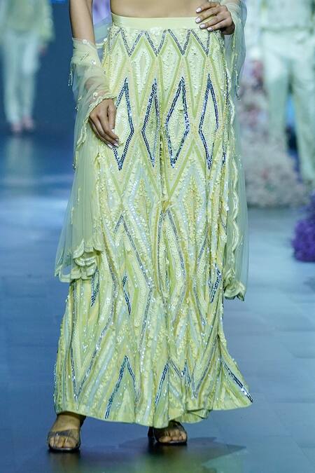 Nirmooha_Green Net, Crepe Sequins, Beads Geometric Hand Embroidered Pant Set With Dupatta _Online_at_Aza_Fashions