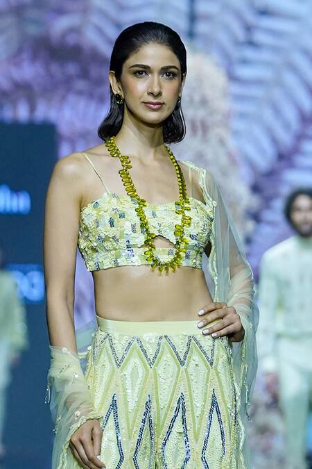 Buy_Nirmooha_Green Net, Crepe Sequins, Beads Geometric Hand Embroidered Pant Set With Dupatta _Online_at_Aza_Fashions