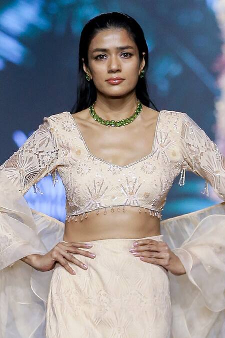 Buy_Nirmooha_Peach Organza, Chiffon Chantilly Mermaid Lehenga Set With Ruffle Dupatta _Online_at_Aza_Fashions