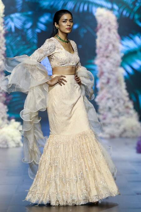 Nirmooha_Peach Organza, Chiffon Chantilly Mermaid Lehenga Set With Ruffle Dupatta _at_Aza_Fashions