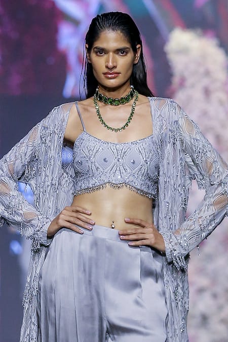 Shop_Nirmooha_Gray Tassel Embroidered Dhoti Pant Set _Online_at_Aza_Fashions