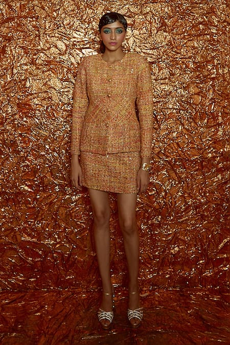 Nirmooha Orange Tweed Woven Checkered Round Jacket With Skirt 