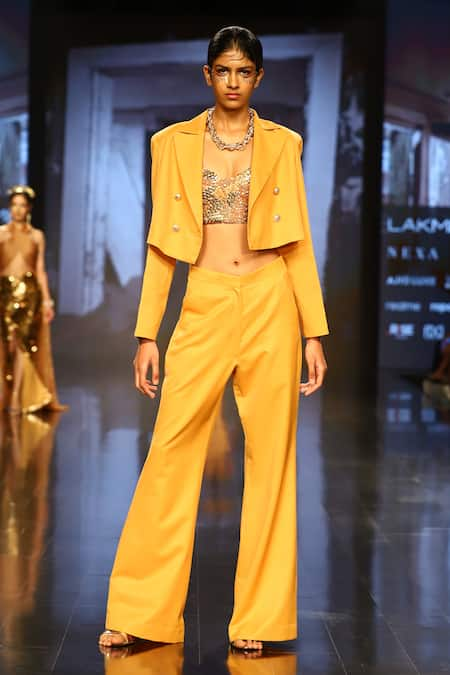 Nirmooha Orange Pant Suiting Embellished Bead Sweetheart Bustier With Flared 