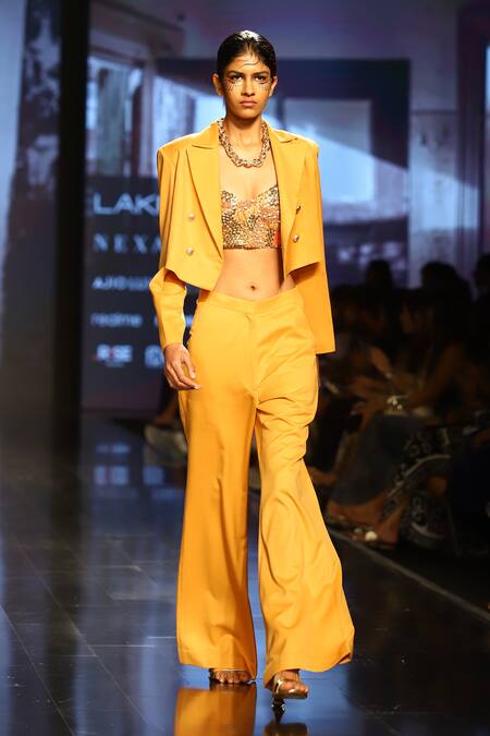 Buy_Nirmooha_Orange Beads, Sequins Sweetheart Neck Embellished Bustier With Flared Pant _Online_at_Aza_Fashions