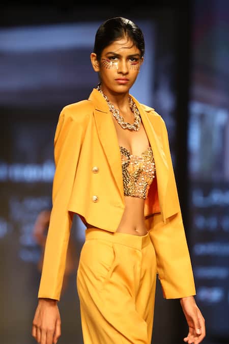 Shop_Nirmooha_Orange Beads, Sequins Sweetheart Neck Embellished Bustier With Flared Pant _Online_at_Aza_Fashions