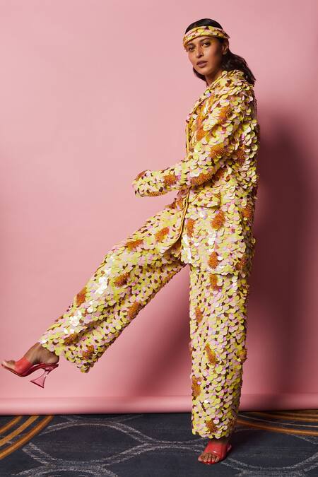 Shop_Nirmooha_Yellow Microfiber Sequins, Beads Embellished 3d Blazer With Pant _Online_at_Aza_Fashions