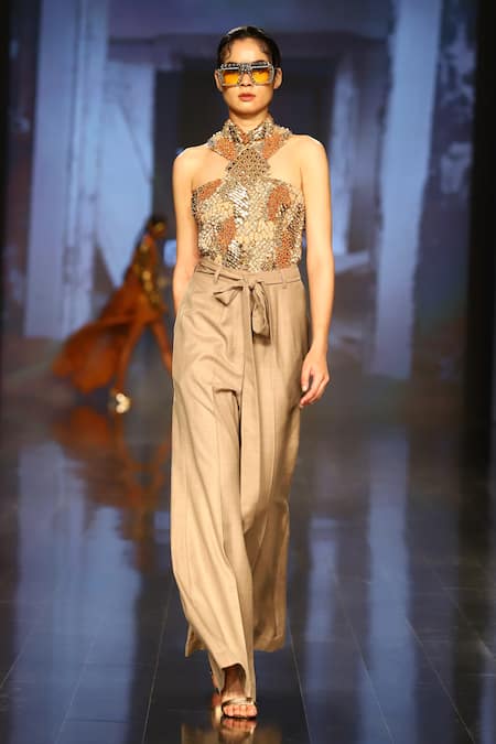 Nirmooha Bead Textured Halter Bodysuit With Plain Flared Pant 