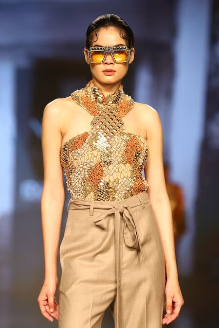 Nirmooha_Brown Lycra, Net, Suede Beads, Textured Bodysuit With Plain Flared Pant _Online_at_Aza_Fashions