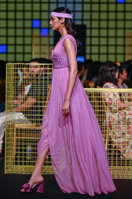 Nirmooha_Purple Lurex, Microfiber Beads, Cording Textured Bustier With Pleated Gown _Online_at_Aza_Fashions