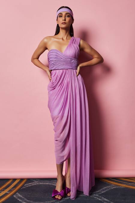 Buy_Nirmooha_Purple Lurex, Microfiber Beads, Cording Textured Bustier With Pleated Gown _Online_at_Aza_Fashions