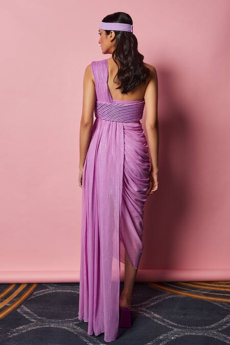 Nirmooha_Purple Lurex, Microfiber Beads, Cording Textured Bustier With Pleated Gown _at_Aza_Fashions