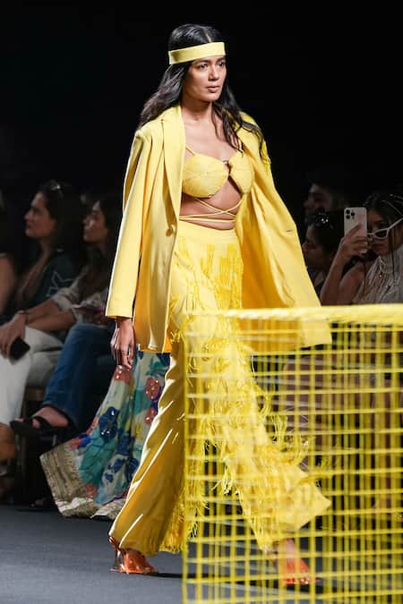 Nirmooha_Yellow Lurex, Microfiber Cording Textured Bralette With Embellished Flared Pant _Online_at_Aza_Fashions