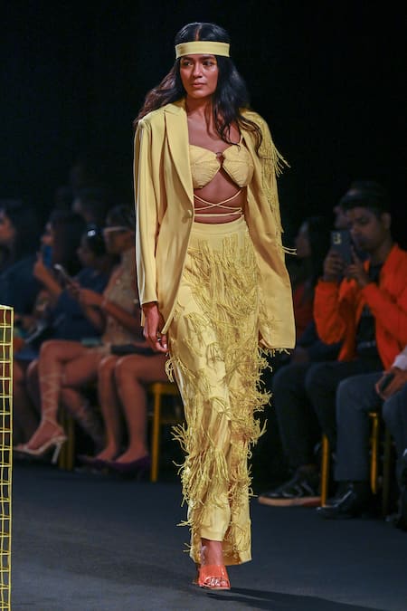 Buy_Nirmooha_Yellow Lurex, Microfiber Cording Textured Bralette With Embellished Flared Pant _Online_at_Aza_Fashions