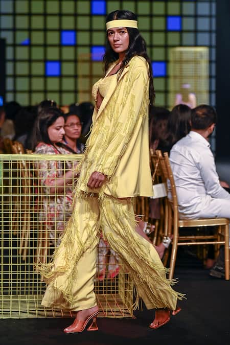 Shop_Nirmooha_Yellow Lurex, Microfiber Cording Textured Bralette With Embellished Flared Pant _Online_at_Aza_Fashions