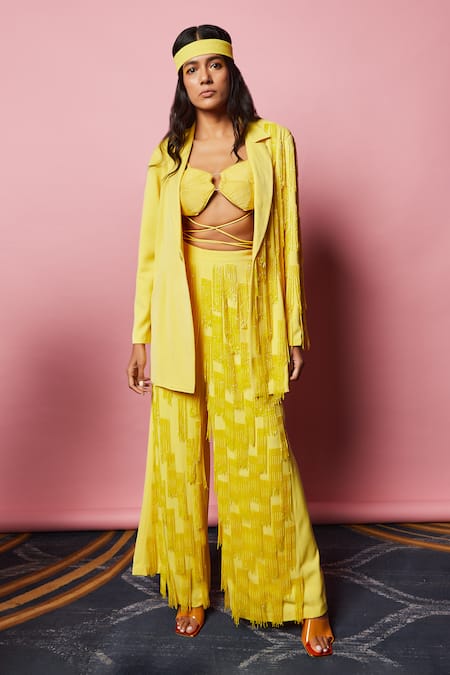Nirmooha_Yellow Lurex, Microfiber Cording Textured Bralette With Embellished Flared Pant _at_Aza_Fashions