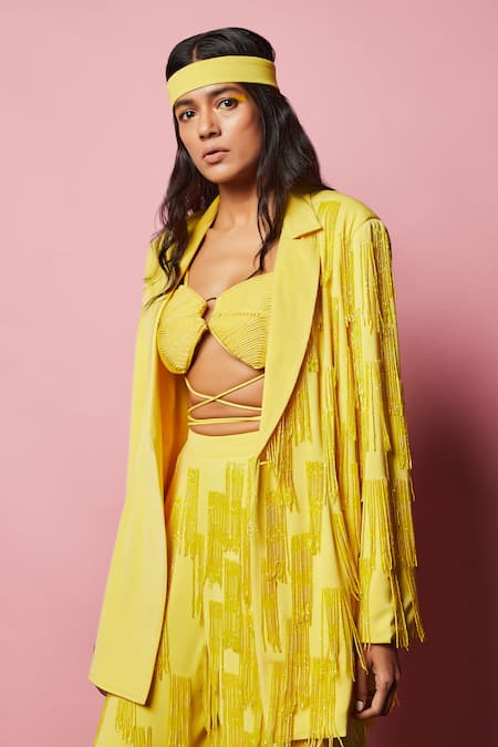 Buy_Nirmooha_Yellow Lurex, Microfiber Cording Textured Bralette With Embellished Flared Pant 