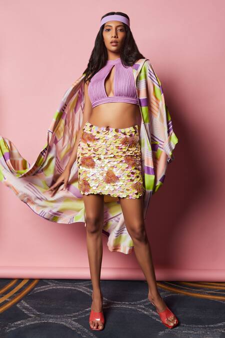 Buy Nirmooha Purple Lurex, Microfiber Embellished Pencil Skirt With Textured Crop Top Online at Aza Fashions Buy_Nirmooha_Purple Lurex, Microfiber Embellished Pencil Skirt With Textured Crop Top _Online_at_Aza_Fashions