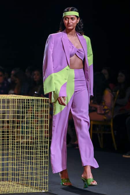 Nirmooha_Purple Microfiber One Shoulder Colour Block Flared Pant With Bralette _Online_at_Aza_Fashions