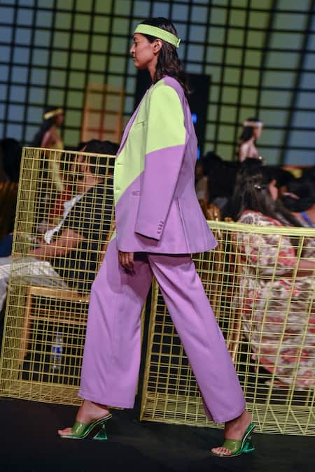 Buy_Nirmooha_Purple Microfiber One Shoulder Colour Block Flared Pant With Bralette _Online_at_Aza_Fashions